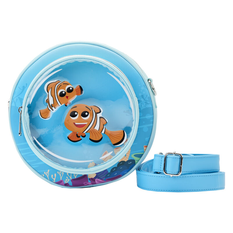 Blue crossbody bag featuring a transparent bubble pocket on the front that contains Nemo and Marlin from Finding Nemo